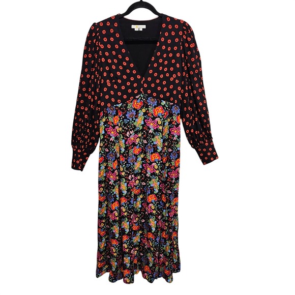 BODEN Blouson Sleeve Maxi Dress Black Red Floral Print V-Neck Retro Boho US 8 - Picture 2 of 11